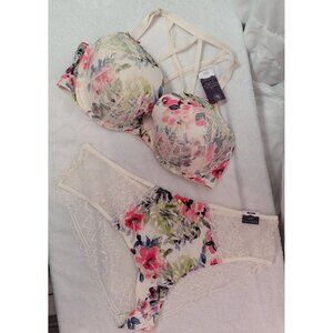 Cacique Seriously Sexy Boost Plunge Bra & Panty Set 42DD/26/28 Floral Lace